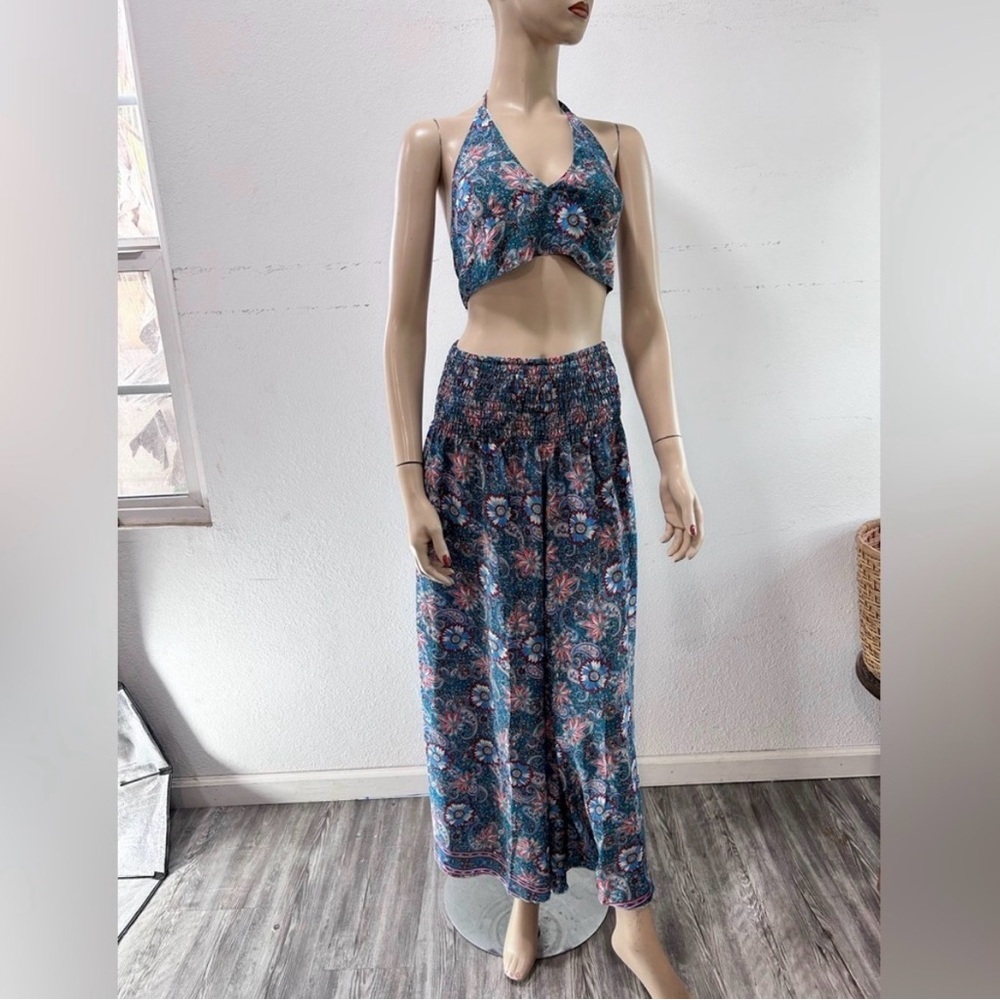Bold & Beautiful silk pants & top floral print Set - Teal Floral